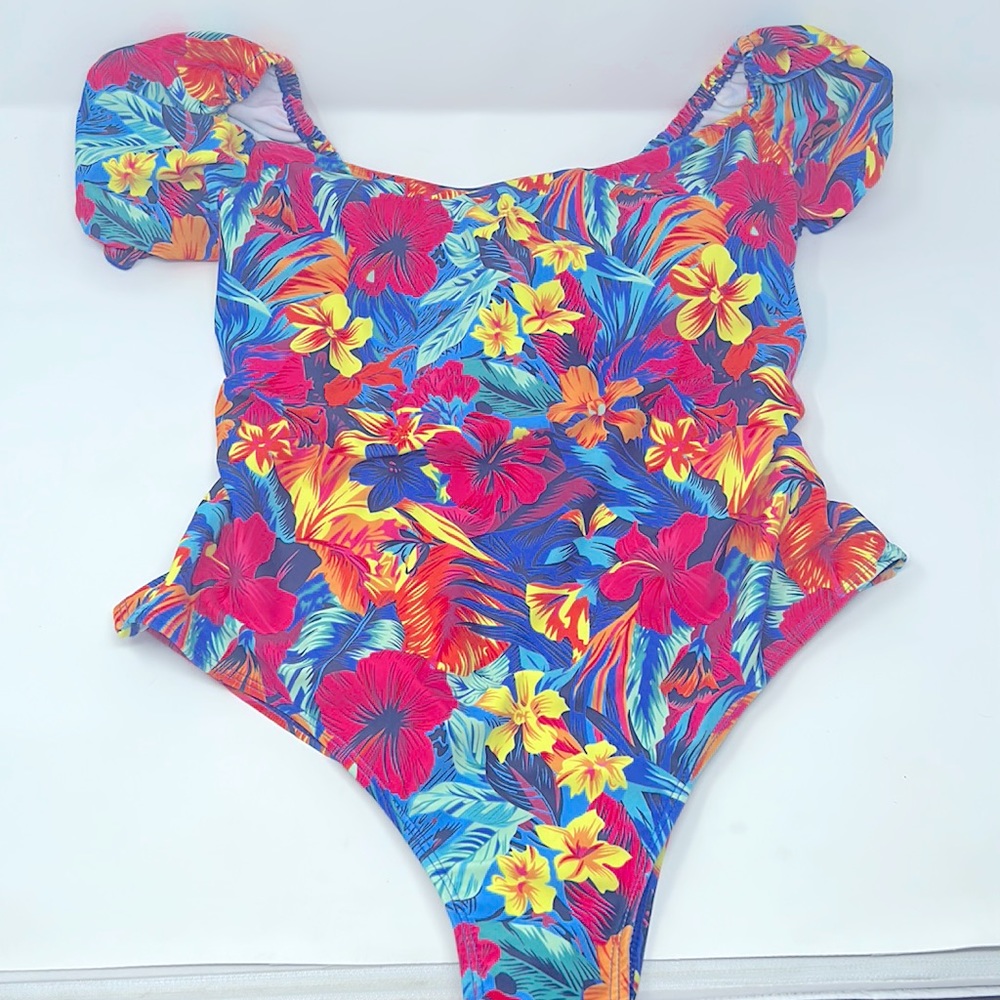 Pink Blue Tropical Print Puff Sleeve One-Piece Swimsuit Size 2XL